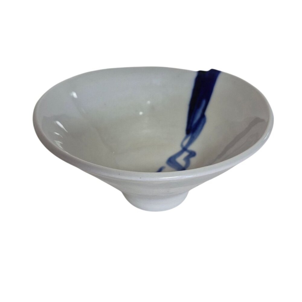 Studio Pottery Bowl Abstract Blue Drip Glaze Footed Base Organic Form Signed